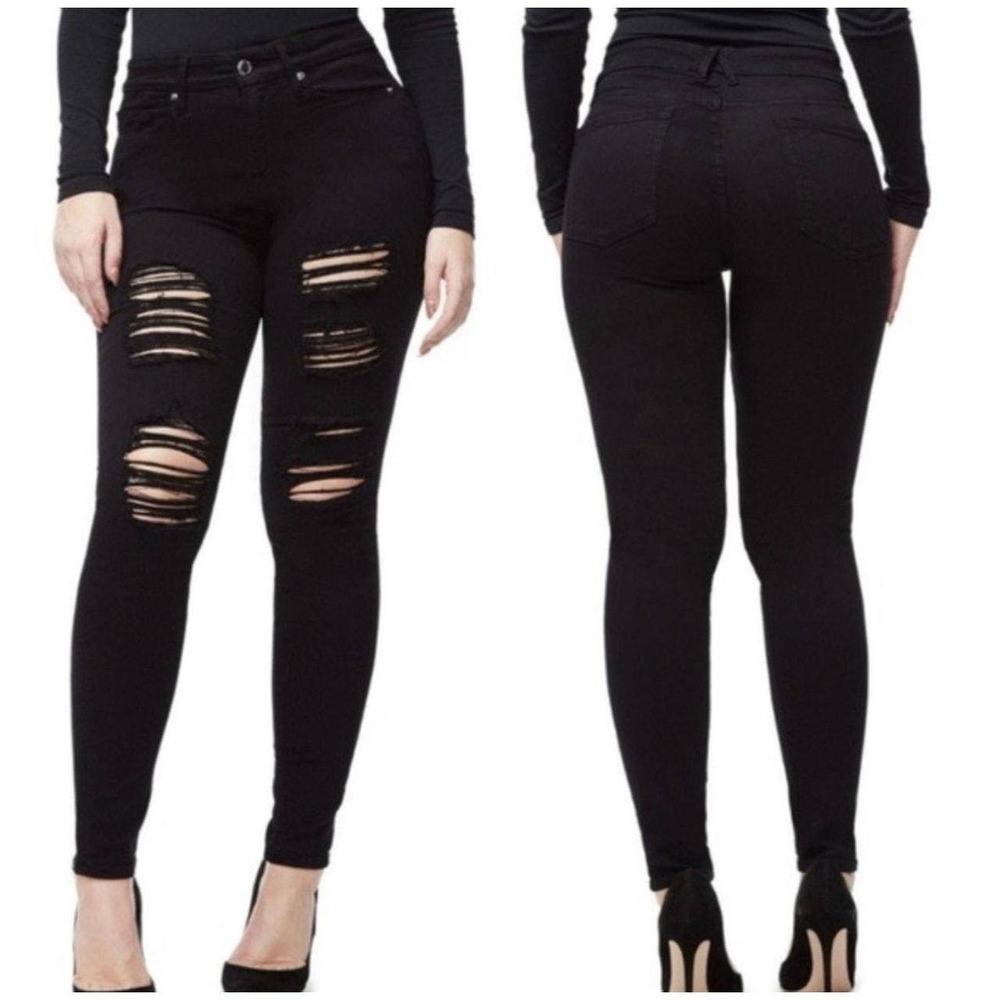 Good American Good Classic Ripped Skinny Jeans Black Distressed GNC206T Size 16‎